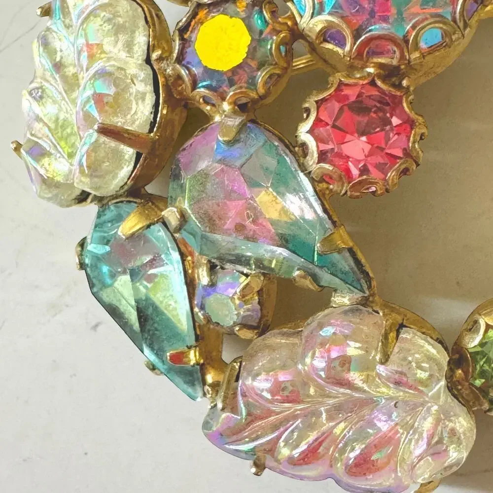 Rudolph Weiss Fruit Salad Glass Leaves AB Rhinestone Gold Wreath Pin Brooch